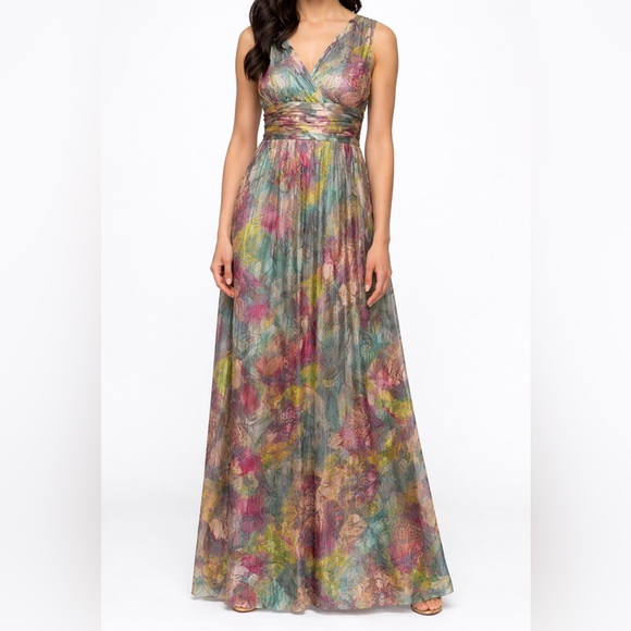 Ignite Evenings Dresses & Skirts - 🆕 Ignite Evenings Metallic Floral Maxi Dress Size 16 Teal Gold Gown Pleated Prom